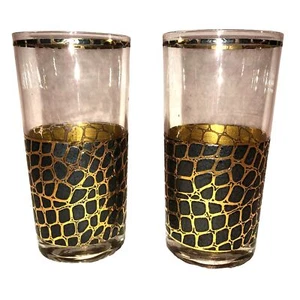VTG MCM BARWARE STAMPA ALLIGATORE HI-BALL COCKTAIL BICCHIERE LOTTO DI 2 NERO ORO 5,5" - Foto 1 di 2