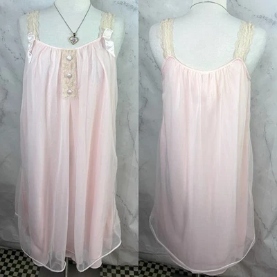 Vtg 60s Pink Chiffon Babydoll Nightie Dress Nightgown USA Princess Lace Union - Image 1 of 4