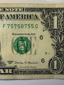 Mini repetidor trinario elegante número de serie billete de 1 dólar serie F75750755C 2017 - Imagen 1 de 10