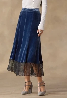 NEW Sundance Catalo Soft Velvet Evenings Skirt Eclipse Blue Midi Lace Trim PXXS - Image 1 of 4
