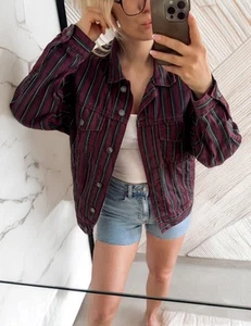 Pull & Bear Jeans Hemd Used Jacke Oversize Streifen Bourdeau Lila Dunkelgrau S - Bild 1 von 4