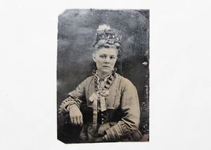 Vintage Tintype Tipo Lata Fotografía Imagen Foto Dama Mujer con Moco Vestido Antiguo - Imagen 1 de 4
