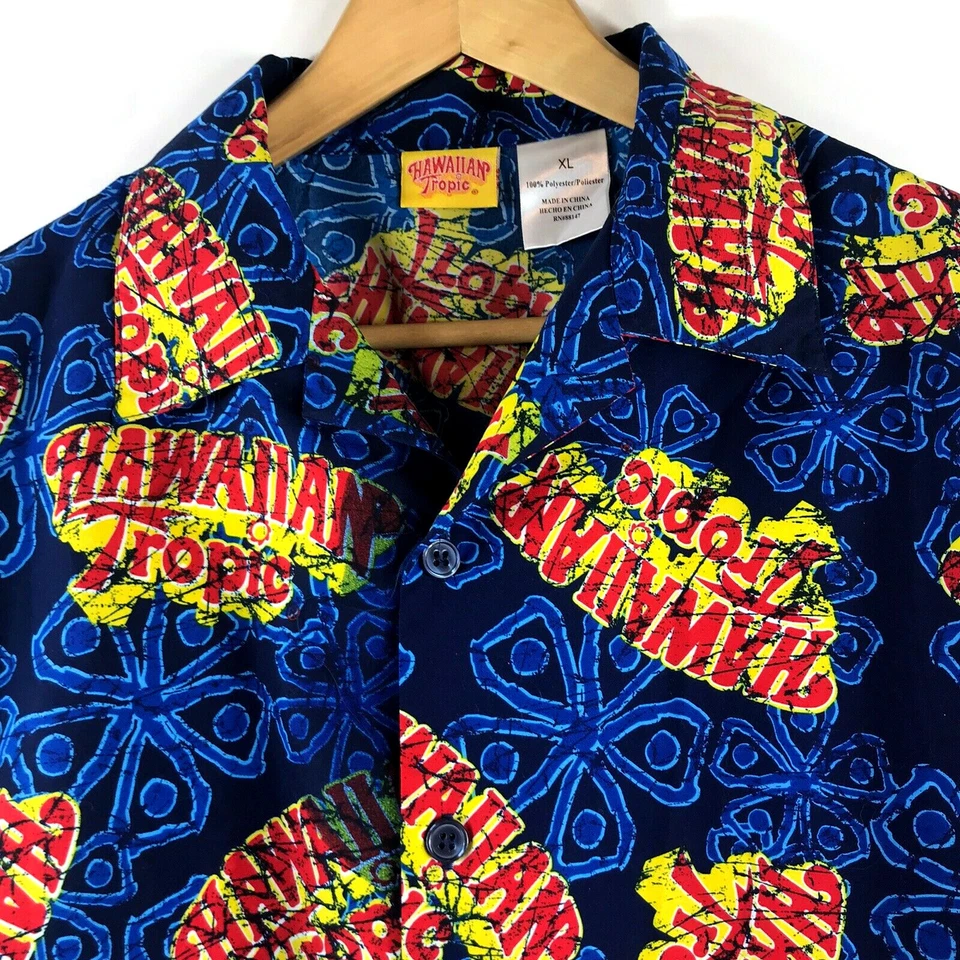 Hawaiian Tropic Shirt Mens Size XL Button Up Blue Red Floral Spell Out Camp NEW - Image 1 of 4