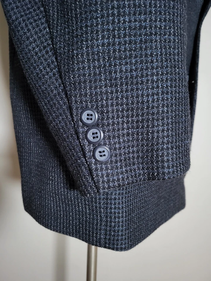 Casaco esportivo vintage Adolfo 52L preto azul branco xadrez lã tweed blazer - Imagem 1 de 4