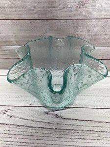 Vintage Murano-Style Scalloped Glass Bowl ~ Blue/Green Textured Bowl - Picture 1 of 12