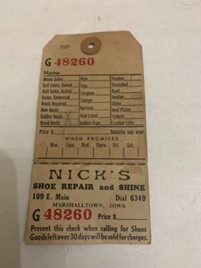 Vintage Nick's Shoe Repair and Shine Marshalltown Iowa Repair Tag - Picture 1 of 2