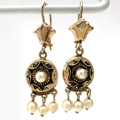 10K Gold Dangle Earrings w Black Enamel, Pearls & Kidney Wire Closures, 2.5g - Image 1 of 4