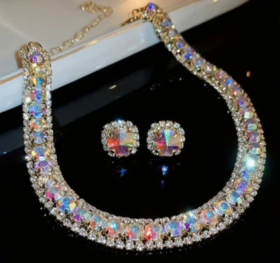 Rhinestone Necklace Earrings Gold Aurora Borealis AB Choker Crystal 3pc STUNNING - Image 1 of 4
