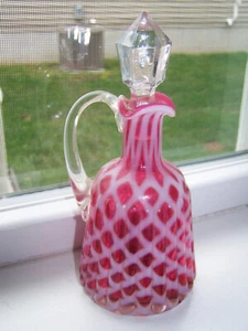 Vtg Northwood Cranberry Opalescent Ribbed Lattice Cruet & Stopper - Picture 1 of 14