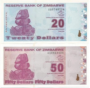 LOTE DE 2 BILLETES DE ZIMBABWE DE 20 Y 50 DOLARES SC EXCELENTES - Imagen 1 de 1