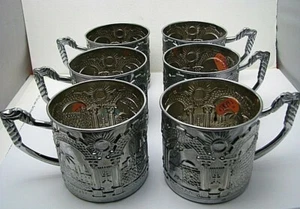 SET of 6 CHROME PLATED TEA GLASS HOLDERS Middle East Israel c1960s Judaica Excel - Picture 1 of 12