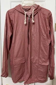 Vintage Aqua Sheen Vinyl Red Checkered Raincoat Jacket Size M - Picture 1 of 5
