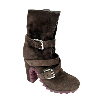 JIL SANDER Size 5.5 Brown Suede Double Buckle Ankle Boots Serrated Sole - Image 1 of 4