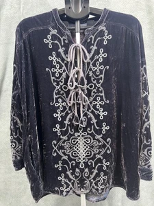 Johnny Was Size M Silk Rayon Gray Velour Tie Neck Top Eyelet Embroidered Pockets - Picture 1 of 10