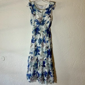 Maxi Abito Le Ragazze Made in Italy Blu Floreale Misto Seta M Maniche Increspate Boho - Foto 1 di 14