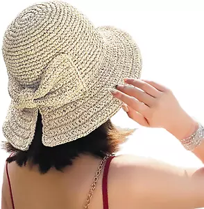 Floppy Straw Sun Hat, Summer Cap w/ Bowknot, Foldable, Wide Brim, For Women - Picture 1 of 18