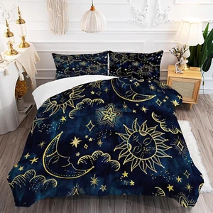 Celestial Comforter Set Queen Size Blue Gold Sun and Moon Boho Bedding for Kids - Picture 1 of 7
