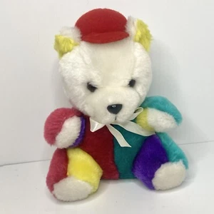 Vintage Hugfun Teddy Bear Red Hat Plush Stuffed Animal Toy Primary Colors 7” - Picture 1 of 8