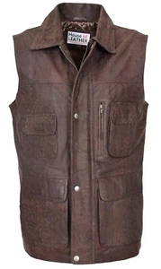 Mens Leather Waistcoat Gilet Multi Pocket Hunter Vest Fishing Hiking Brown BNWT - Picture 1 of 8