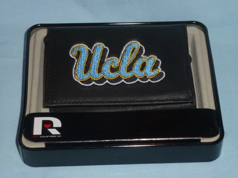 UCLA BRUINS  embroidered Leather TriFold Wallet NEW in Tin Box  black  $35 Cover