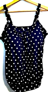 Womens Lands End Tankini Top Swim Suit Blue Polka Dot Gathered Hem D Cup XL - Picture 1 of 6