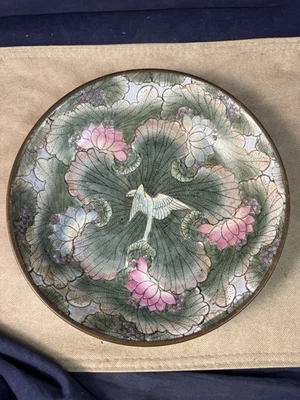 Cuenco vintage de latón pequeño esmalte pintado a mano flores de fénix y loto asiáticas Foto 1 de 4