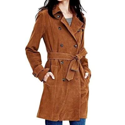 Trench coat feminino Banana Republic camurça marrom peito duplo M novo com etiquetas MSRP $698 - Imagem 1 de 4