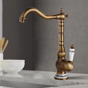 Antique Brass Bathroom / Kitchen Sink Faucet Vanity Basin Swivel Spout  - Picture 1 of 6
