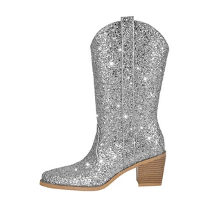 Onlymaker Women's Rhinestone Cowgirl Cowboy Boots Mid Calf Boots Bling Sparkling - Picture 1 of 21