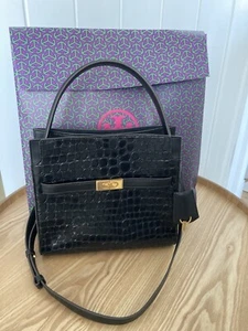 Tory Burch Lee Radziwill Small Double Bag Black Small Croc Leather Suede - Picture 1 of 24