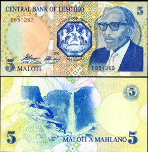 LESOTHO 5 MALOTI 1989 UNC BUST OF KING MOSHOESHOE II,MALETSUNYANE FALLS,NATIONAL - Picture 1 of 1