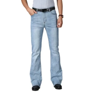 Men Bell Bottom Jeans 60s 70s Retro Stretch Fit Flared Denim Pants Light Blue - Picture 1 of 7