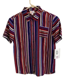 LulaRoe Shirt Womens Size 8 Short Sleeve Button Up Stripe Patriotic Red Blue NWT - Picture 1 of 5