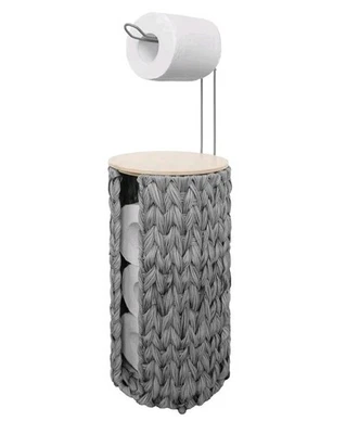 Soporte de papel higiénico gris, plástico tejido de mimbre, tapa de madera  Foto 1 de 4