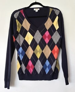 TALBOTS Women’s Navy Pullover Sweater Argyle V-Neck Classic Fit Preppy Sz L - Picture 1 of 10