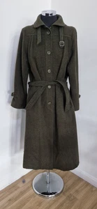 Vintage olive green wool coat size 12/14 belted trench Polish wool midi military - Picture 1 of 10