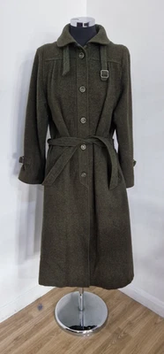 Vintage olive green wool coat size 12/14 belted trench Polish wool midi military - Image 1 of 4