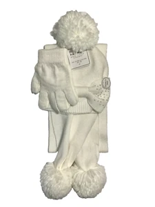 Nicole Miller New York Girl's Hat Gloves & Scarf Set 4yrs+ Ivory w/ Gems NEW - Picture 1 of 11
