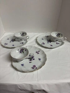 Vintage Hinode Japan Set of 3 Teacups & Luncheon Plates Purple Floral Pattern - Picture 1 of 8