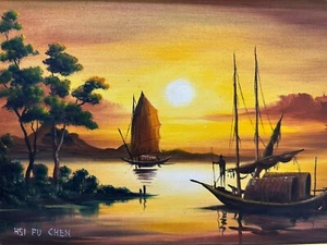 VINTAGE Chinese Junket Orange Yellow Oil On Canvas Painting Signed Hsi Fu Chen - Bild 1 von 7