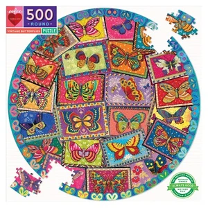 Vintage Butterflies 500 Piece Round Jigsaw Puzzle by eeboo - Picture 1 of 2