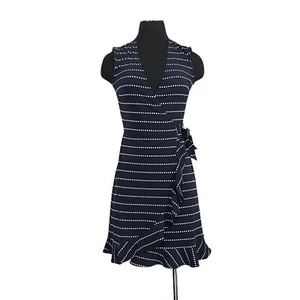 Portmans Dress Petite Size XXS 6 Navy Classic Wrap Sleeveless Polkadot Stripes - Picture 1 of 7