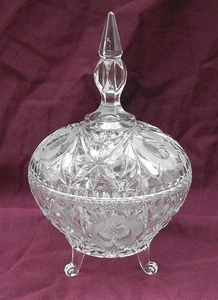 OLD Beautiful Clear Pressed Glass footed Candy dish w/ Spire lid Flower Pattern - Picture 1 of 6