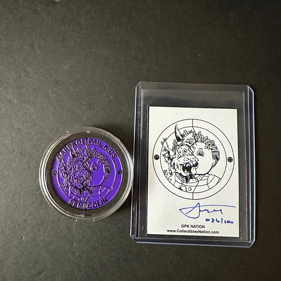 Juego de 2 monedas PÚRPURA Semi Colin con autógrafo de artista cubo de basura niños Foto 1 de 1
