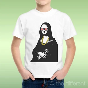 T-Shirt Bambino Ragazzo Gioconda Moda Occhiali Collana Idea Regalo - Picture 1 of 1