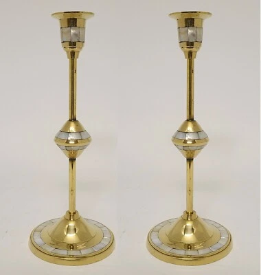 Candle Holder Brass Mother of Pearl Inlay Round 4"Dia 10"High Set of 2 - Image 1 of 4