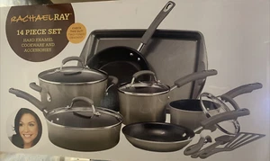 NEW 14 PC. RACHAEL RAY COOKWARE SET and ACCESSORIES-Hard Enamel-Grey - Picture 1 of 5