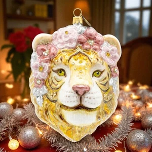 Jay Strongwater Metallic Tiger With Flower Crown Ornament SDH20057-232-D - Picture 1 of 4