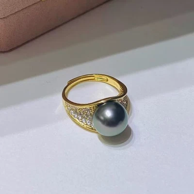 impresionante anillo de perlas verdes negras redondas tahitianas 925s(t) 9-10 mm Foto 1 de 3