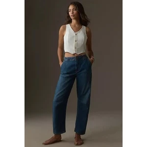 Pilcro By Anthroplogie The Leni Denim Jeans Mid-Rise Barrel Tapered Leg Blue 28T - Picture 1 of 14
